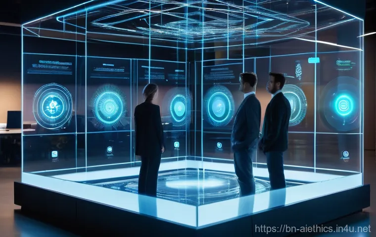AI 윤리와 AI 윤리 사례 연구 - **Prompt:** A diverse group of male and female AI ethicists and developers, dressed in professional ...