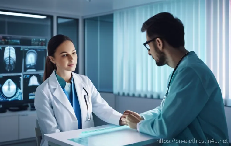 AI 윤리와 AI 윤리적 AI 사회적 영향 - **Prompt: AI in Healthcare - Collaborative Diagnosis**
A highly detailed, realistic image of a m...