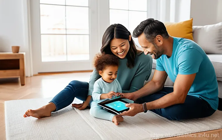 AI 윤리와 기술 발전 - **Prompt:** A cozy, modern living room filled with natural light. A diverse family, including a casu...