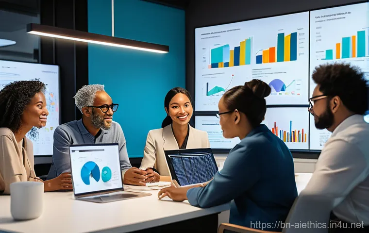 AI 윤리와 AI 윤리적 AI 훈련 데이터 - **Data Diversity & Bias Mitigation:** A vibrant image of a diverse group of data scientists, includi...