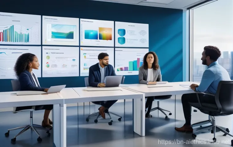 AI 윤리와 AI 윤리적 AI 소프트웨어 - **Prompt for AI Fairness and Bias Mitigation:**
"A vibrant, diverse group of professionals from ...