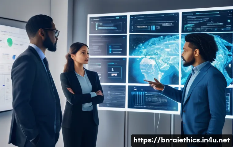 AI 윤리와 인간 AI 협업 - A diverse group of adults, including men and women of various ages and ethnicities, are gathered aro...